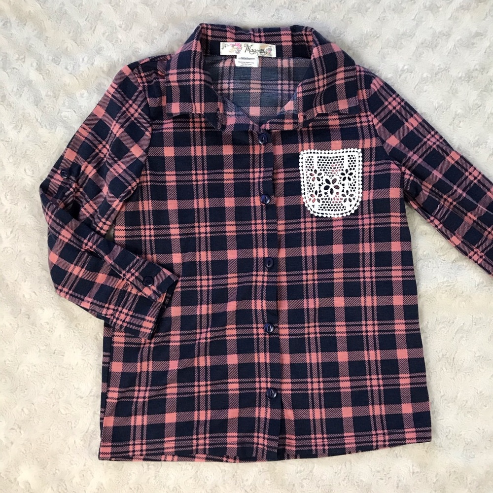 Magenta Button Down Shirt Size 6 Pink Blue Gingham